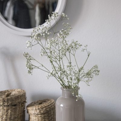 Vase with gypsophila flowers and mirror in the background