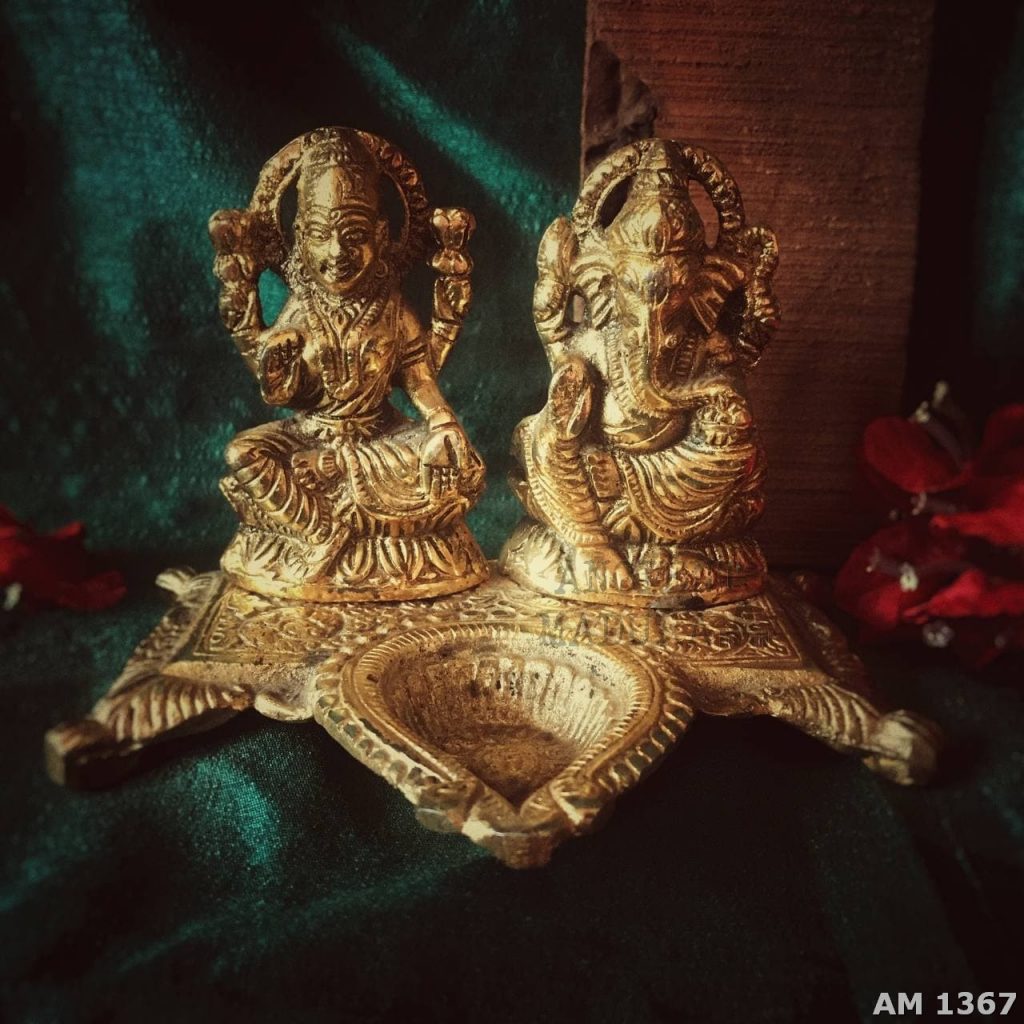 Brass coated aluminium Ganesha and Lakshmi Diya