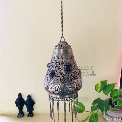 White Brass Hanging Lantern embedded with stones