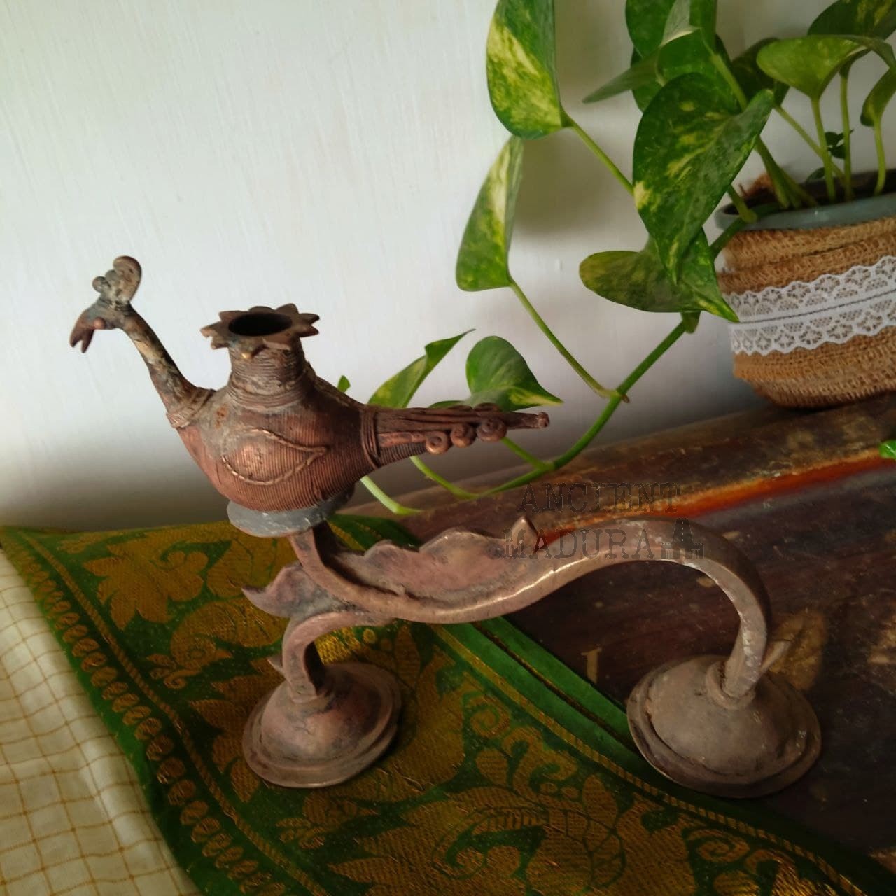 Bronze Aarti Diya with Peacock