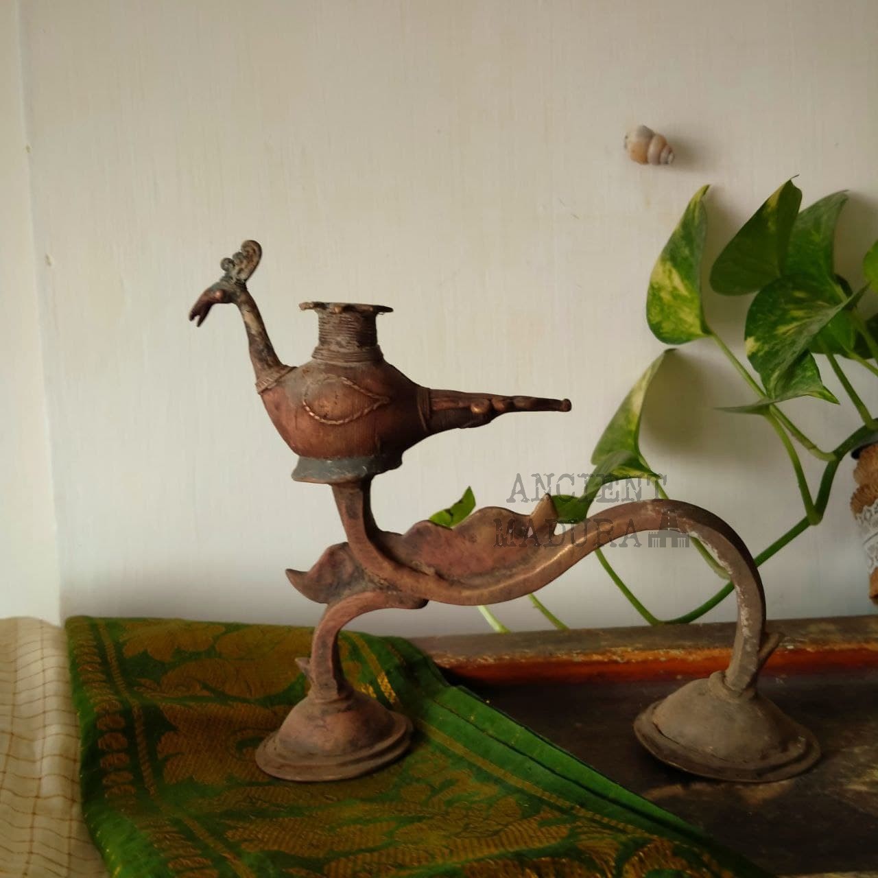Bronze Aarti Diya with Peacock