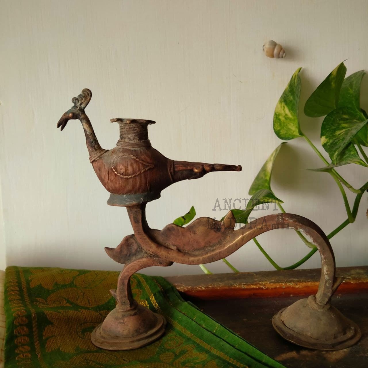 Bronze Aarti Diya with Peacock