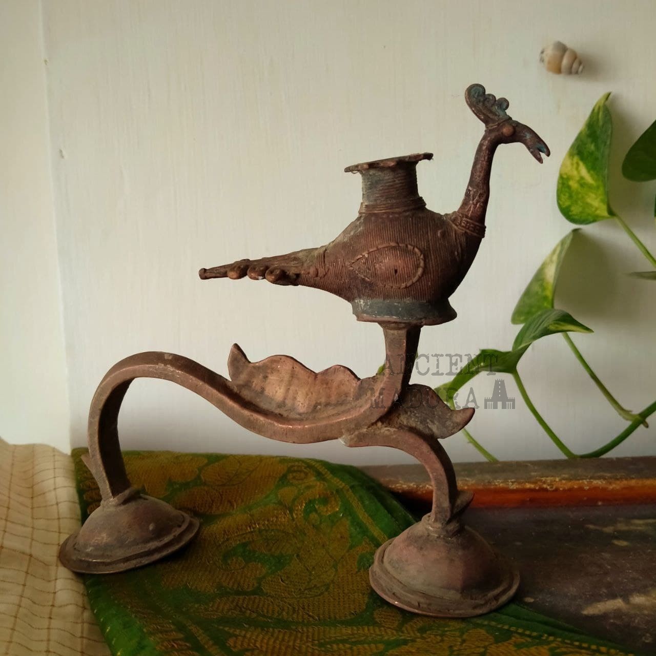 Bronze Aarti Diya with Peacock - Image 6