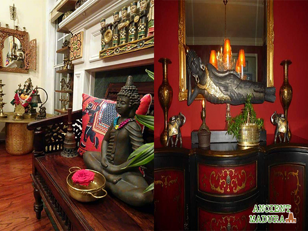 Viji Sankaran buddha collection near fireplace