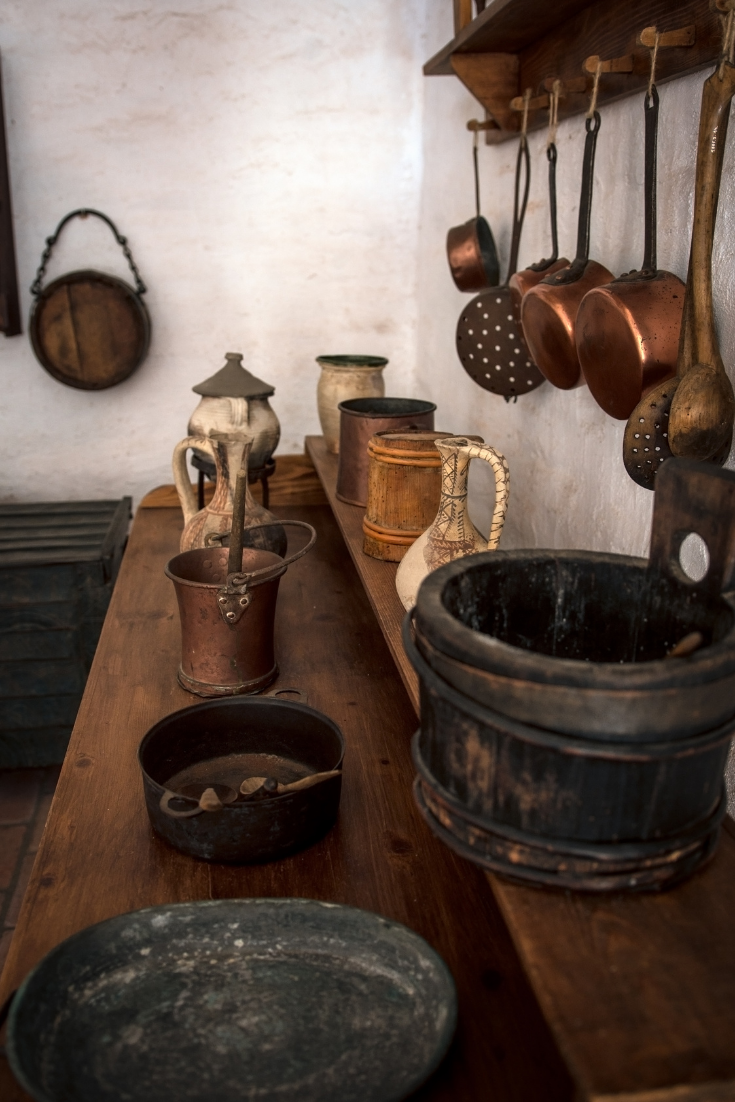 kitchen with brass, bronze and copper