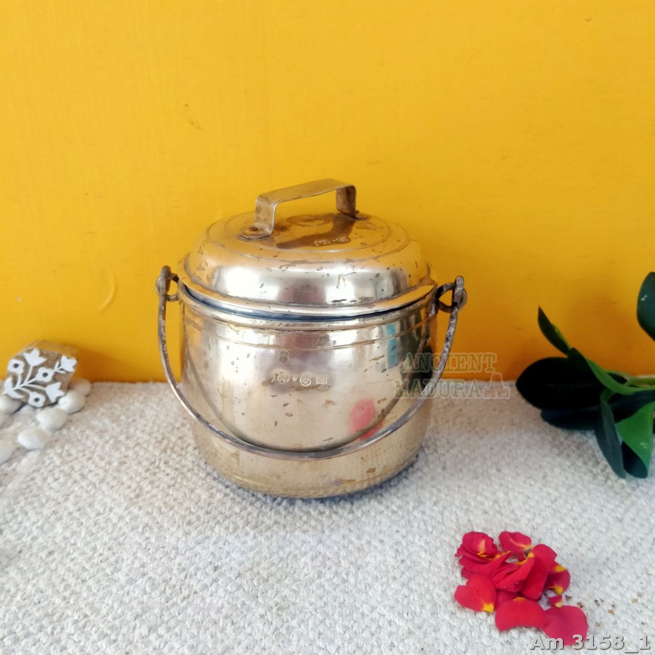 Brass Apple Shaped Thooku Vessel with Tin Coating