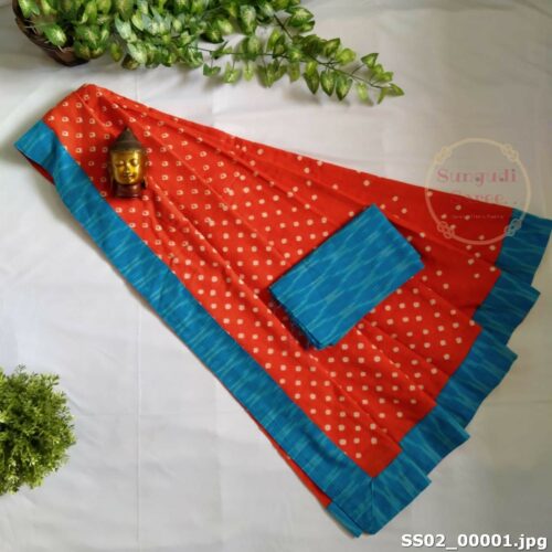 Sungudi Saree - Orange with blue Ikat border