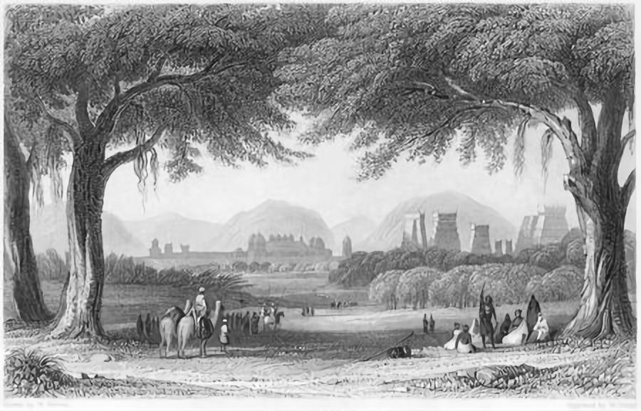 A hand coloured antique wood engraving drawn by W Purser in 1858 showing the Madurai city as seen from the bank of the Vaigai river