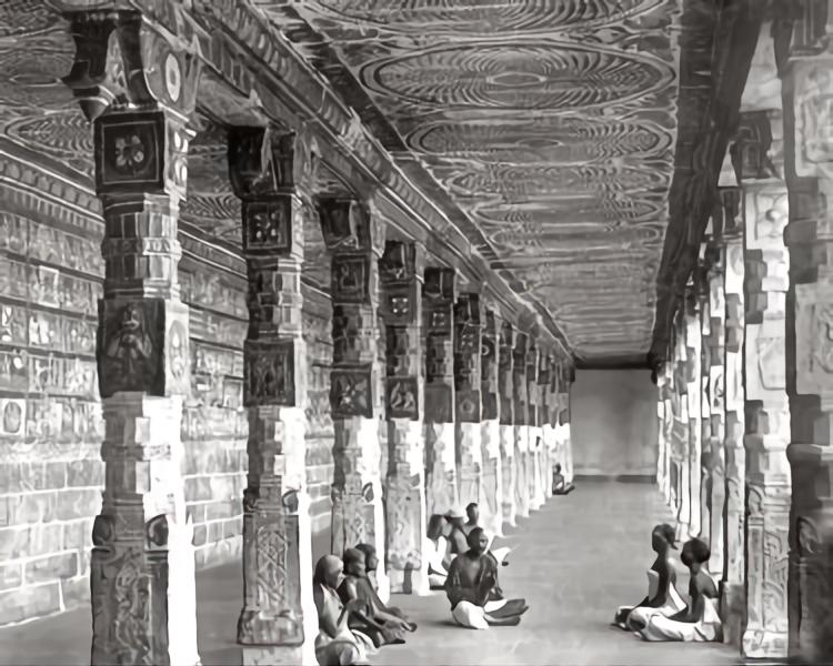 Painted temple corridors in Madurai taken in the late 19th century