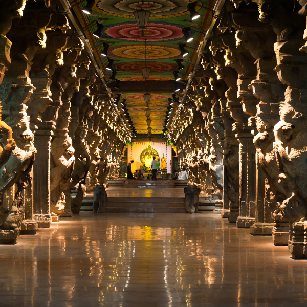 The temple corridors of the Meenakshi Amman Temple in Madurai