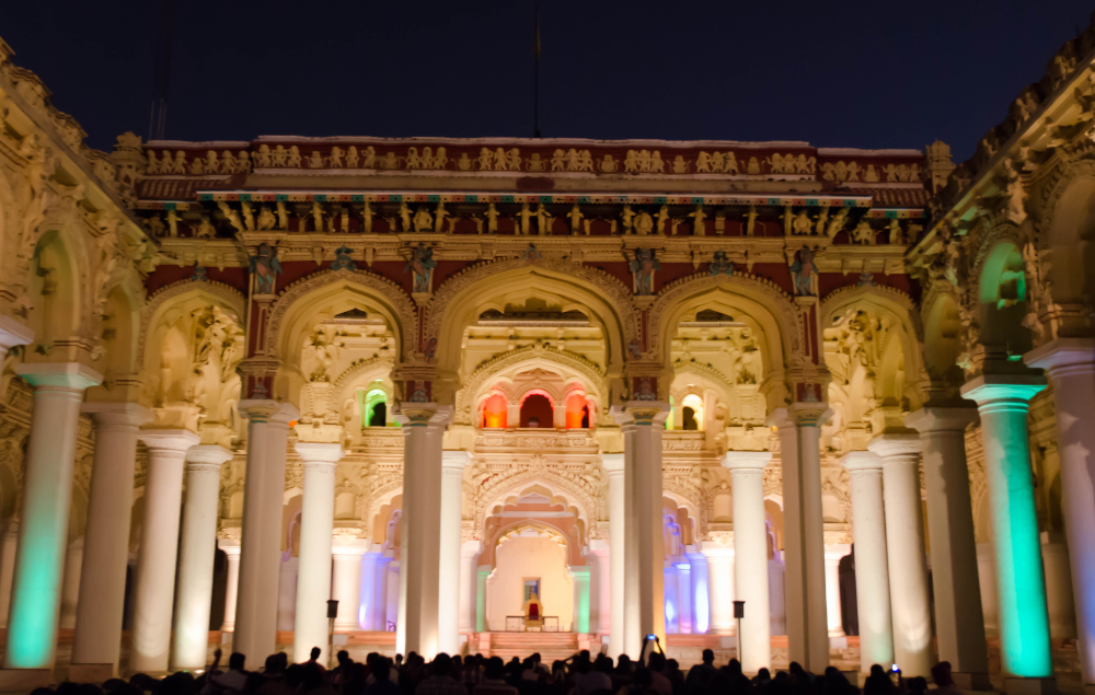 The Thirumalai Nayakkar Palace in Madurai with a large crowd in front