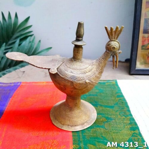 Brass Dhokra Peacock kerosene lamp