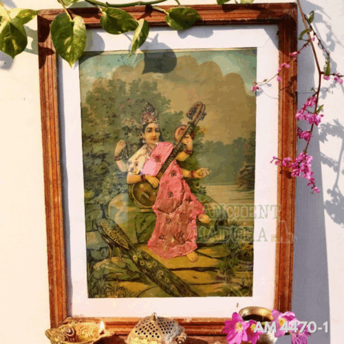 Goddess Saraswathi Lithograph - Embellished with Pure Silk Saree