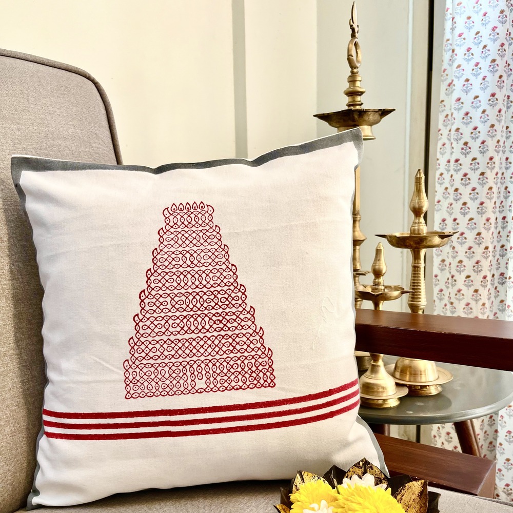 Hand Block Print Cushion Cover Ancient Madurai Gopuram Kolam