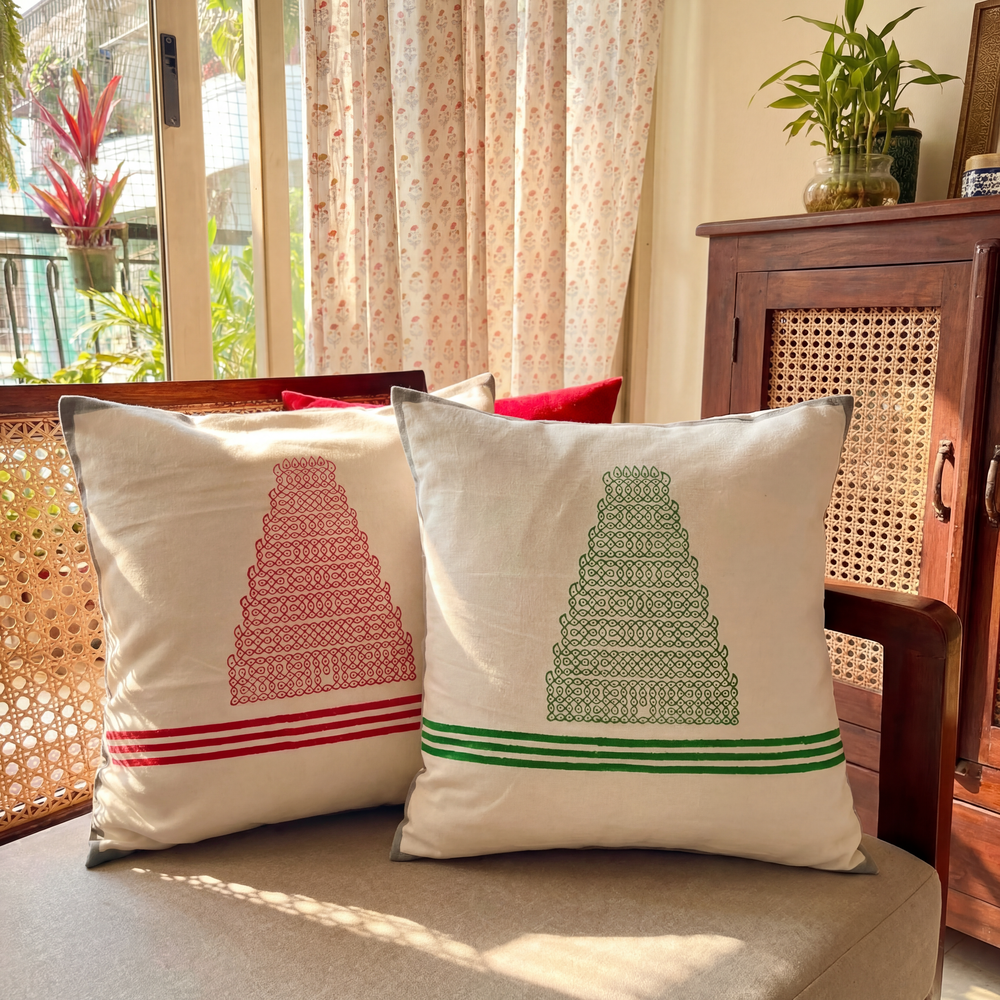 Combo Gopuram Kolam Hand Block Print Cushion Cover