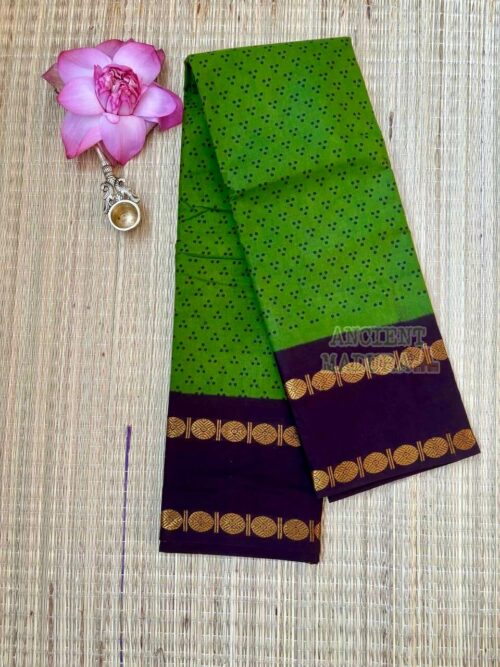 Olive Green Achu Kattu Mukkati Cotton Sungudi Sarees from Madurai