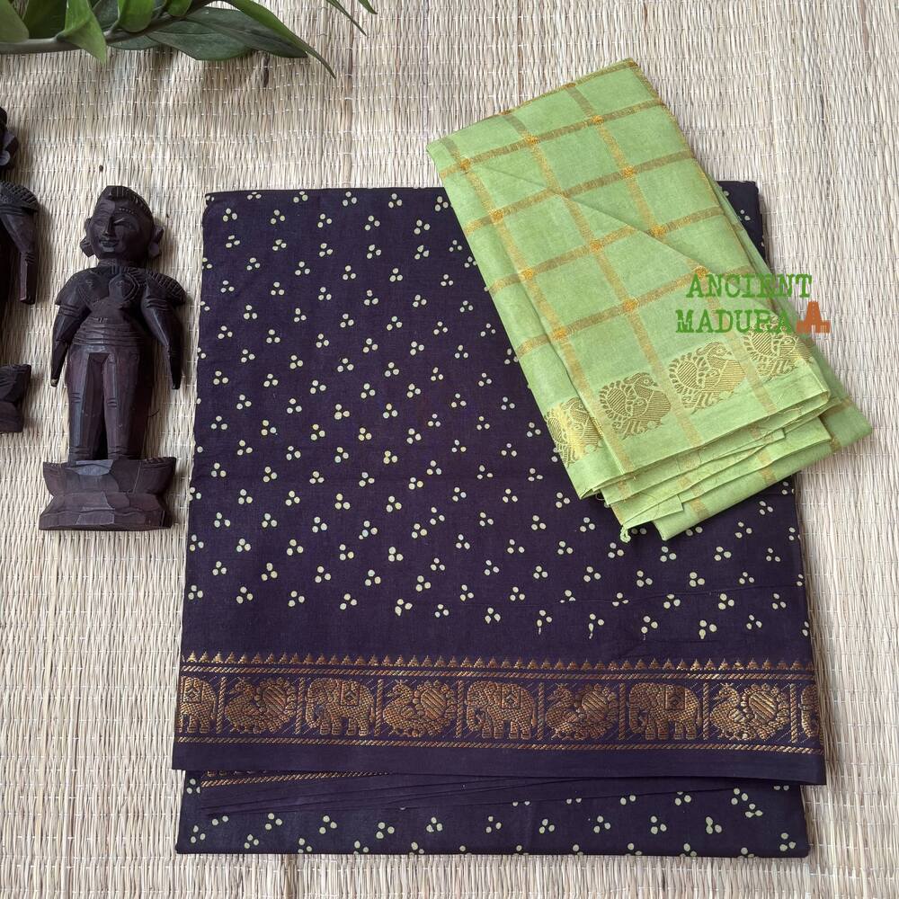 Elephant Black Premium Mukkati Sungudi Saree with Blouse