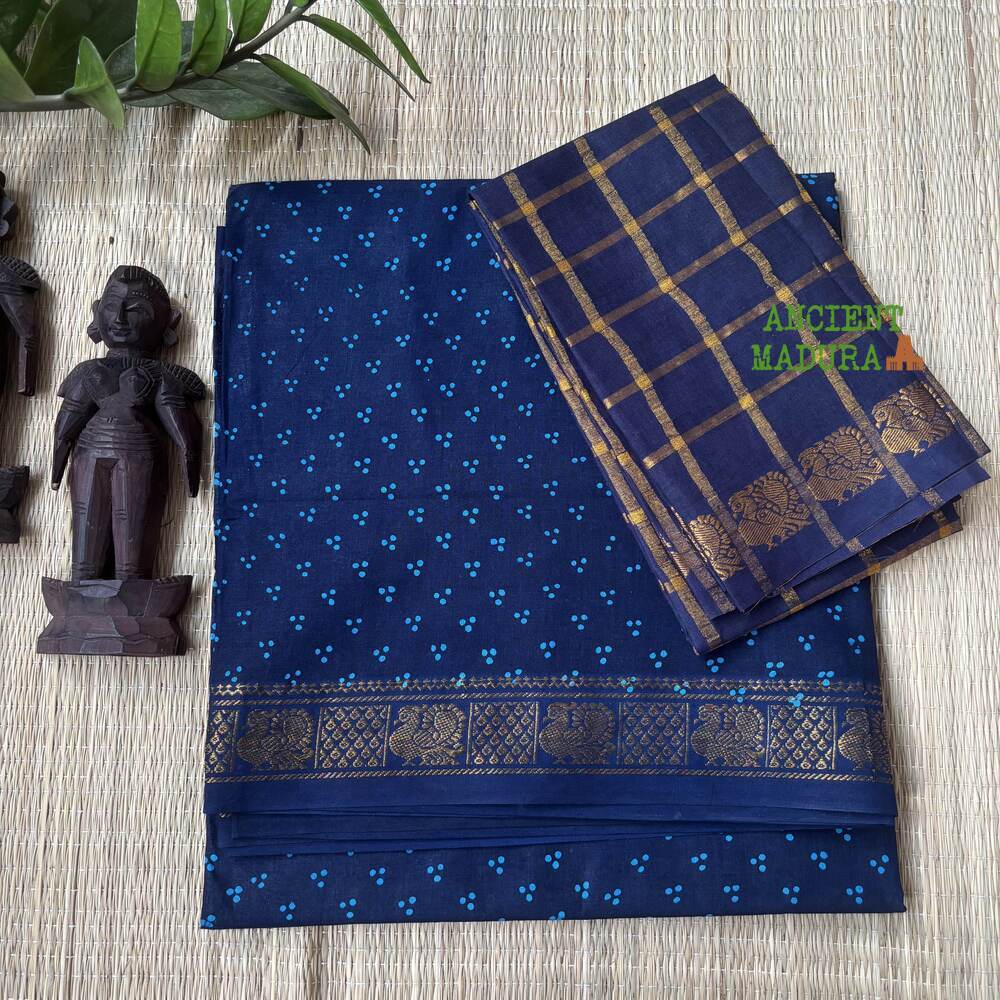Navy Blue 120 Count Premium Mukkati Sungudi Saree