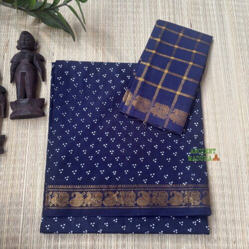 Navy Blue 120 Count Premium Mukkati Sungudi Saree with Blouse