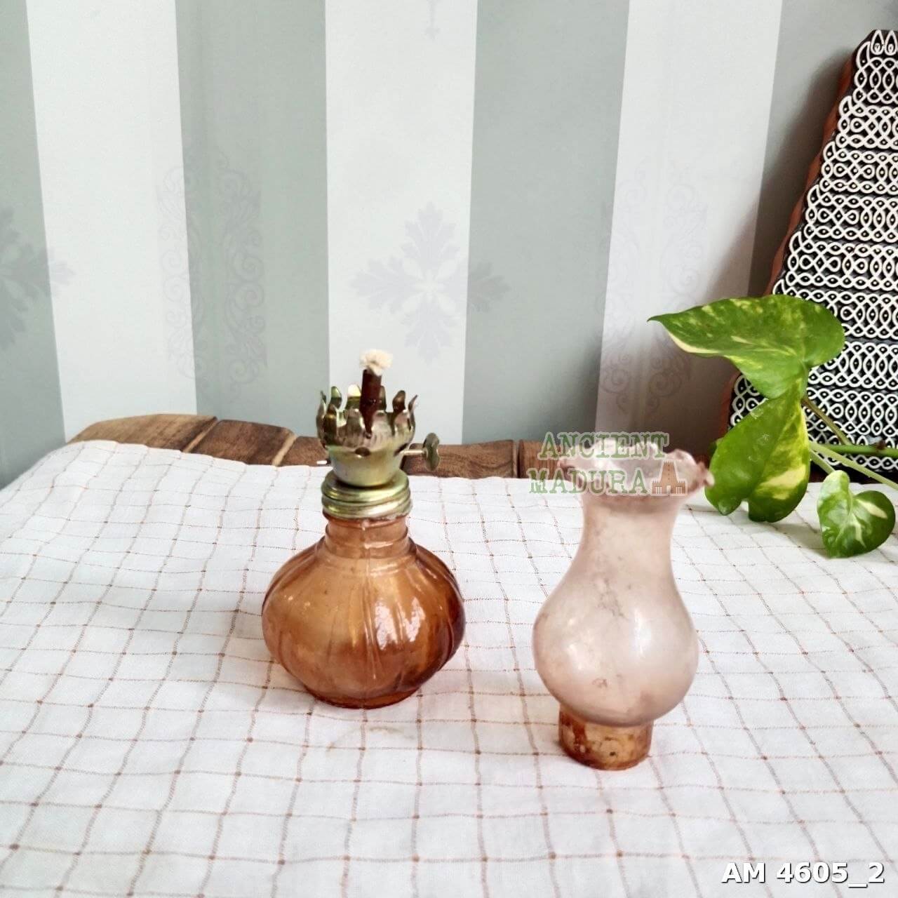 Miniature Brown Ribbed Glass Kerosene Lamp