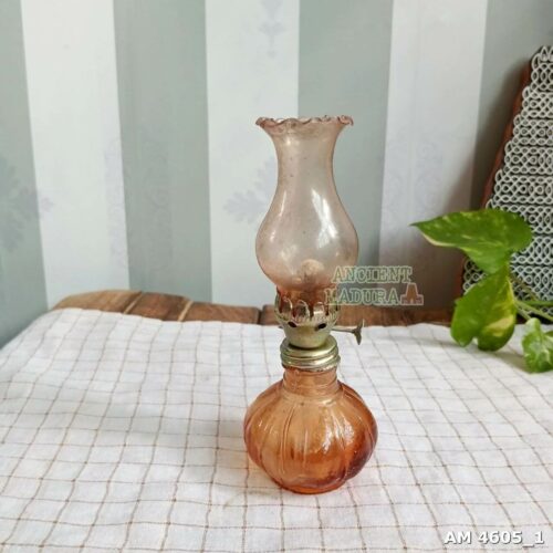 Miniature Brown Ribbed Glass Kerosene Lamp