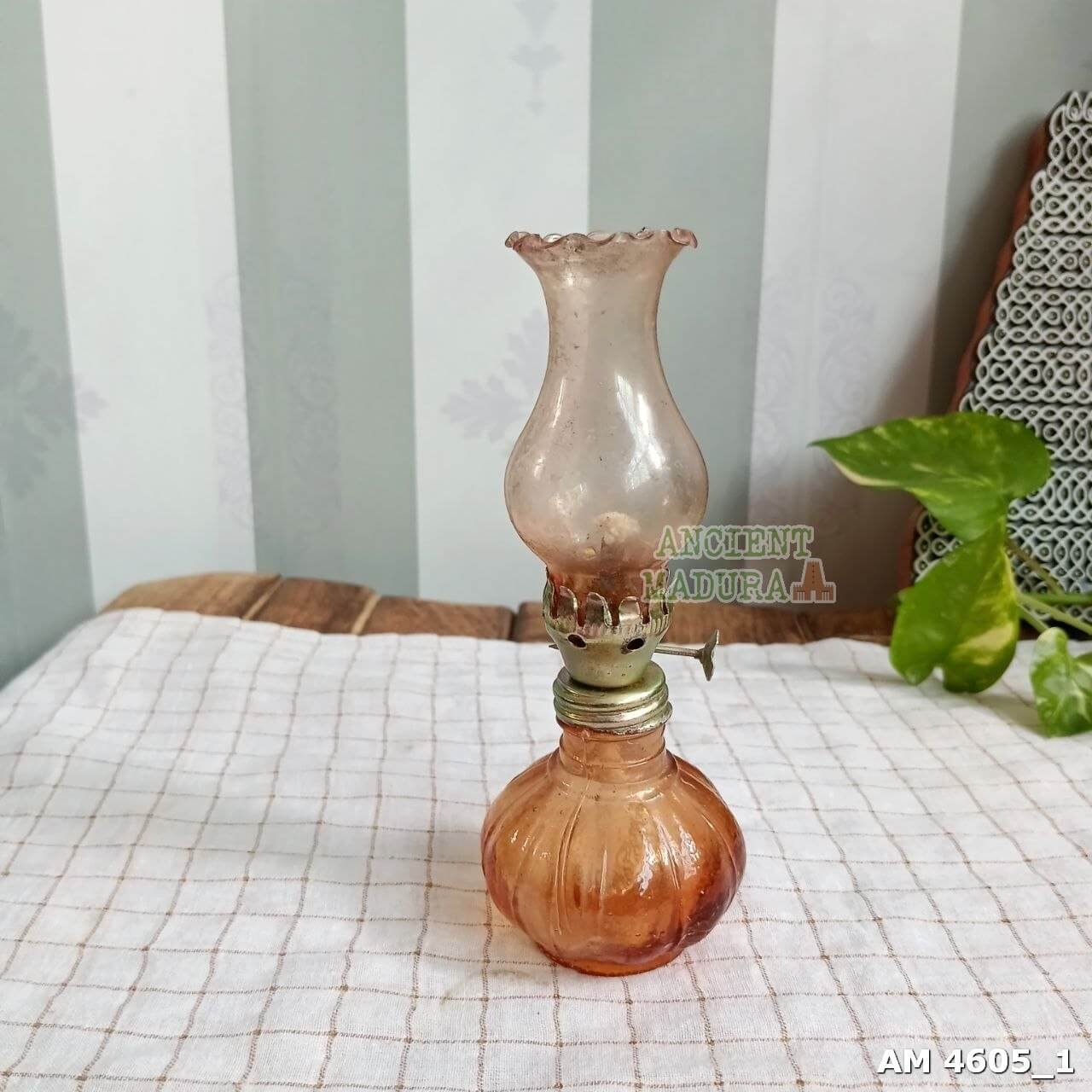 Miniature Brown Ribbed Glass Kerosene Lamp