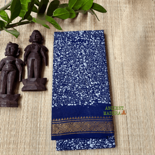 Navy blue premium spray dot sungudi saree — 120 count Alli Thelicha technique with white dots
