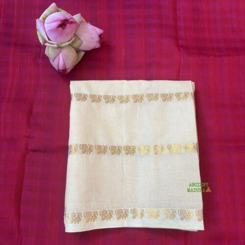Off white sungudi cotton blouse piece — peacock motif gold zari lines on both edges — Ancient Madurai