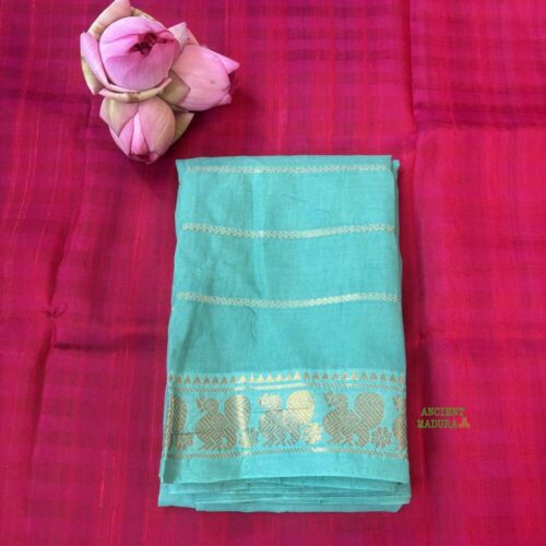 Teal sungudi cotton blouse piece — peacock and floral motif gold zari border with temple edge line