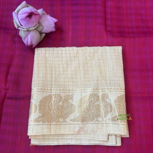 Off-white checked sungudi cotton blouse piece with big peacock gold zari border, unstitched