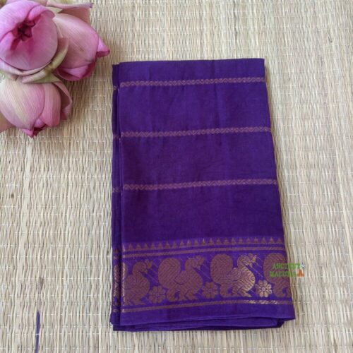 Purple sungudi cotton blouse piece with gold peacock zari border, unstitched, 90cm