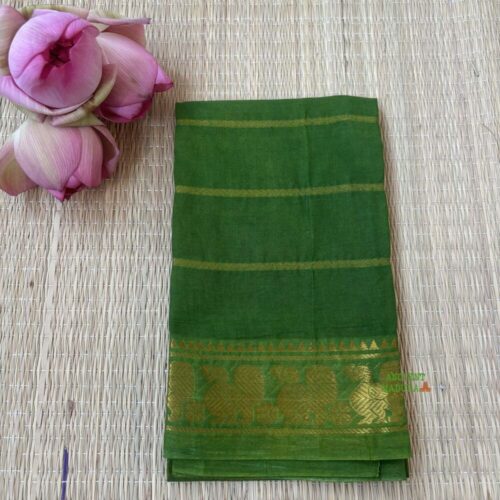 Leaf green sungudi cotton blouse piece with gold peacock zari border, unstitched, 90cm