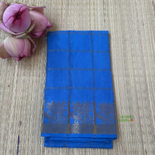 MS blue checked sungudi cotton blouse piece with gold floral zari border, unstitched, 90cm