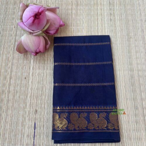 Navy blue sungudi cotton blouse piece with gold peacock zari border, unstitched, 90cm
