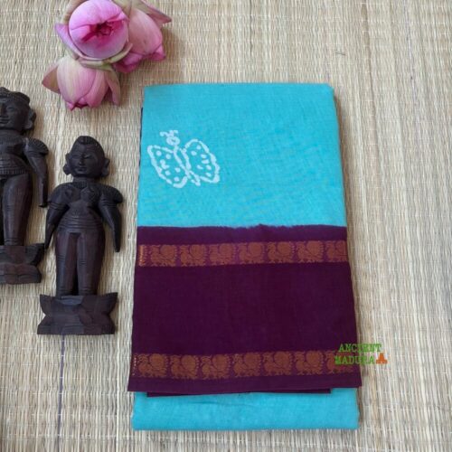 Turquoise premium 120 count batik sungudi cotton saree with white butterfly motif, dark brown Rettapet peacock zari border, attached blouse, 90cm