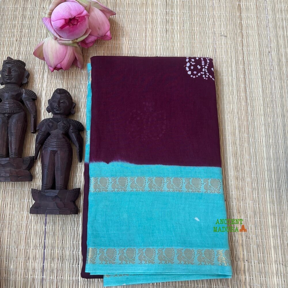 Dark brown premium 120 count batik sungudi cotton saree with white butterfly motif, turquoise Rettapet zari border, attached blouse, 90cm