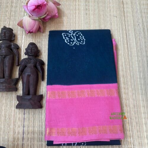Navy blue premium 120 count batik sungudi cotton saree with white butterfly motif, rose Rettapet peacock zari border, attached blouse, 90cm