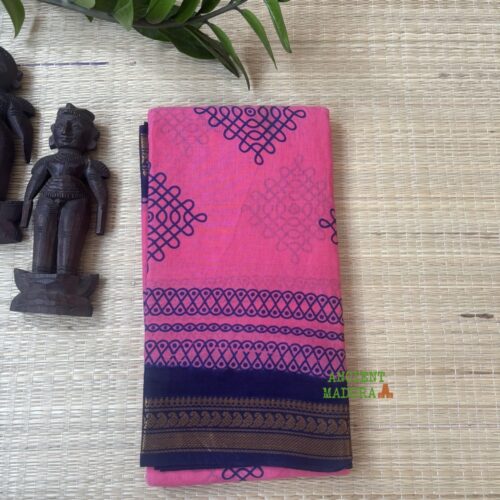 Pink 100 count wax-dyed sungudi saree with navy kolam motif and gold zari double side border, attached blouse, 90cm