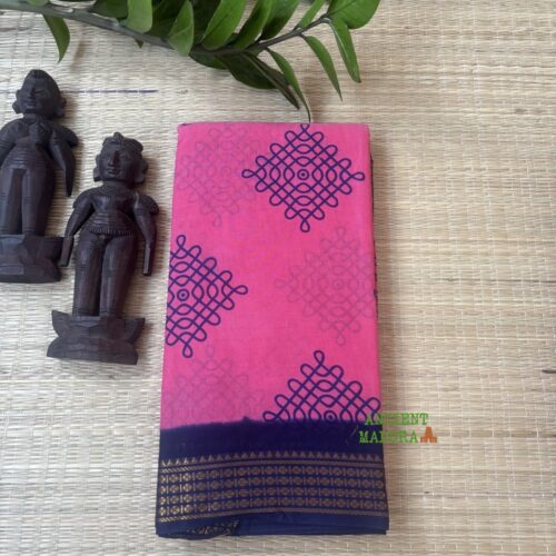Pink 100 count wax-dyed sungudi saree with navy kolam motif and gold zari geometric border, attached blouse, 90cm