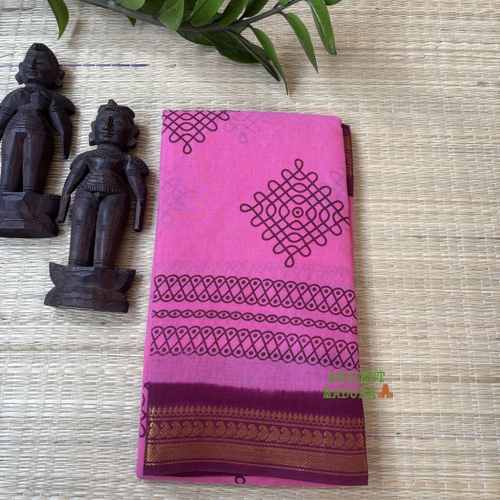 Pink 100 count wax-dyed sungudi saree with kolam motif and dark red gold zari geometric border, attached blouse, 90cm