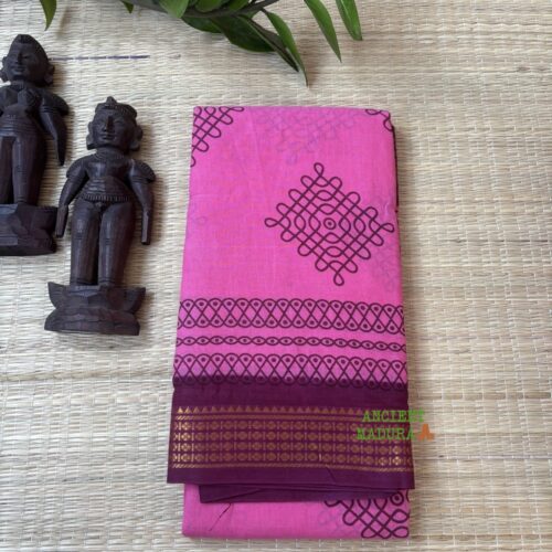 Pink 100 count wax-dyed sungudi saree with kolam motif and dark red gold zari geometric border, attached blouse, 90cm