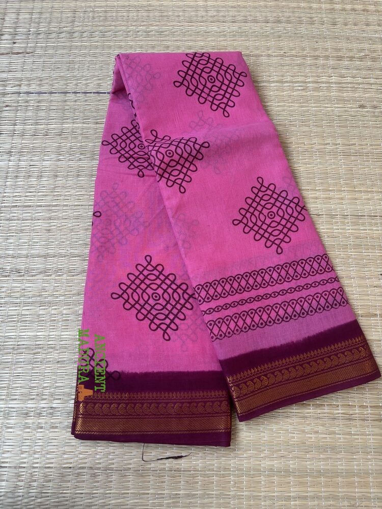 Pink 100 count wax-dyed sungudi saree with kolam motif and dark red gold zari geometric border, attached blouse, 90cm