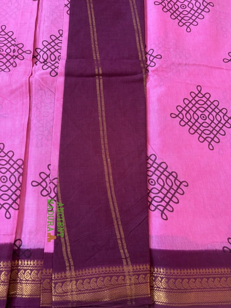 Pink 100 count wax-dyed sungudi saree with kolam motif and dark red gold zari geometric border, attached blouse, 90cm