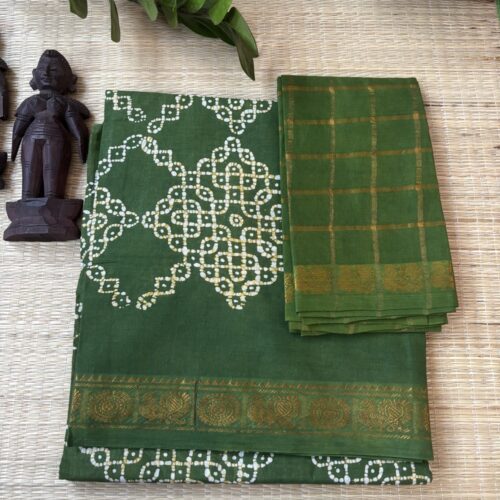 Leaf green kolam batik saree with gold peacock border, Madurai handcrafted sungudi saree