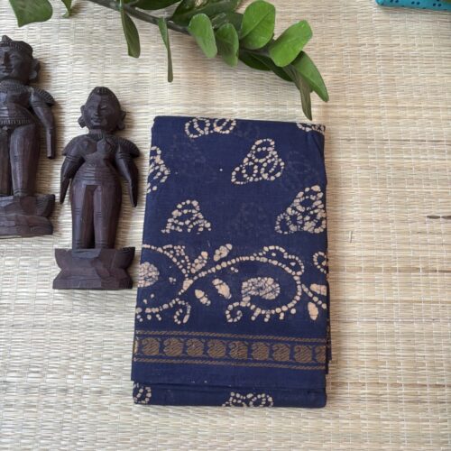 Navy blue sungudi batik saree with cream mango motifs, gold zari border and detailed pallu