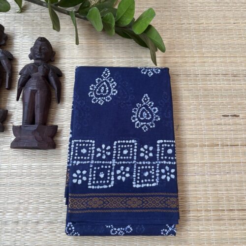 Indigo sungudi batik saree with white paisley motifs and chequered floral square border