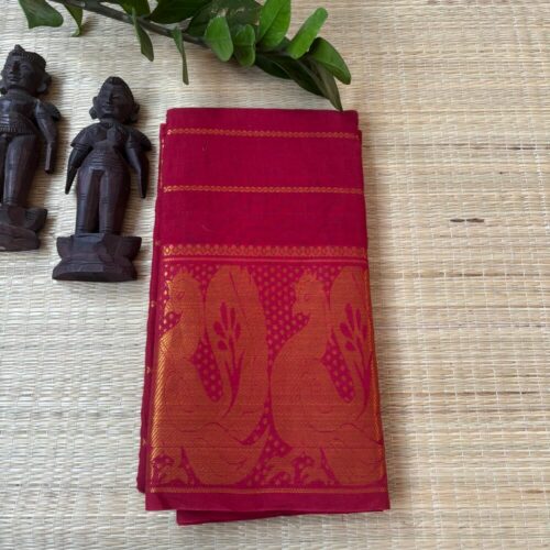 Red velthari sungudi cotton saree with gold annapakshi zari border, attached blouse, 90cm