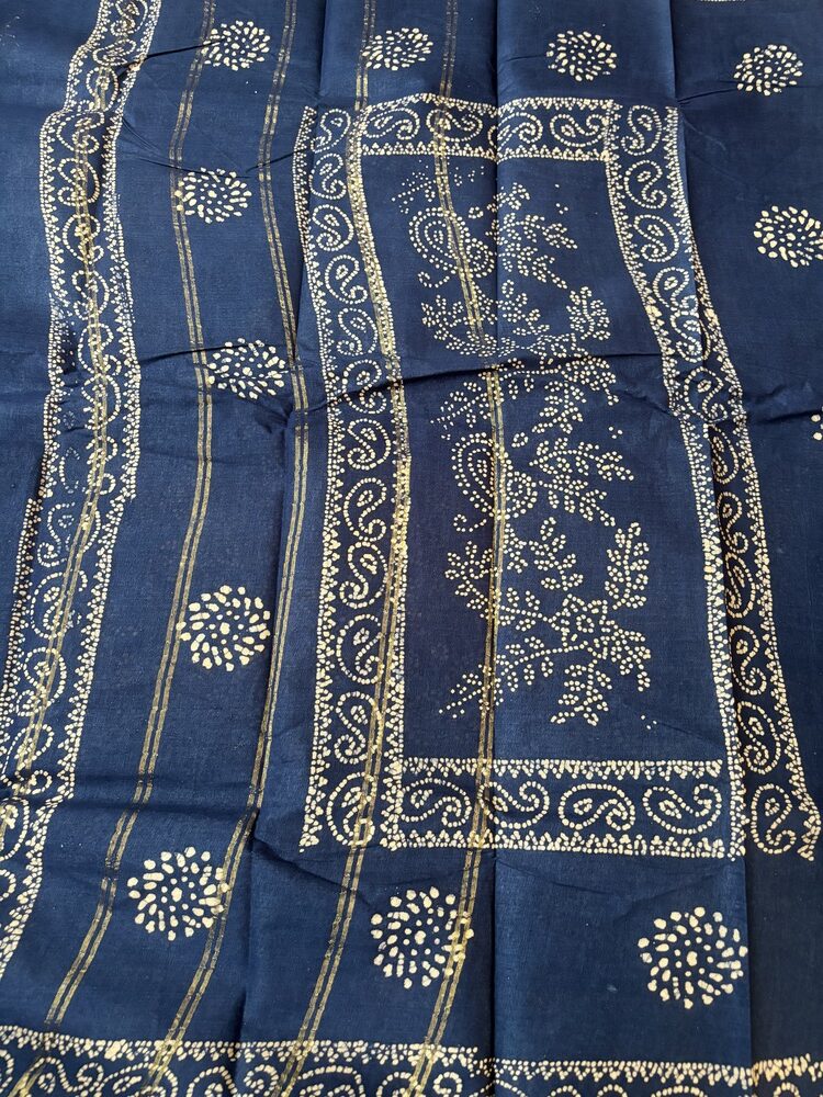 Navy blue sungudi batik saree with cream vine motifs, double mango border and framed floral pallu panels