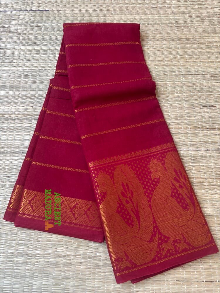 Red velthari sungudi cotton saree with gold annapakshi zari border, attached blouse, 90cm