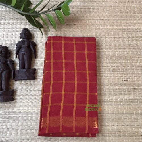 Red Pavithra Kattam sungudi saree with golden peacock border, Madurai handwoven cotton saree